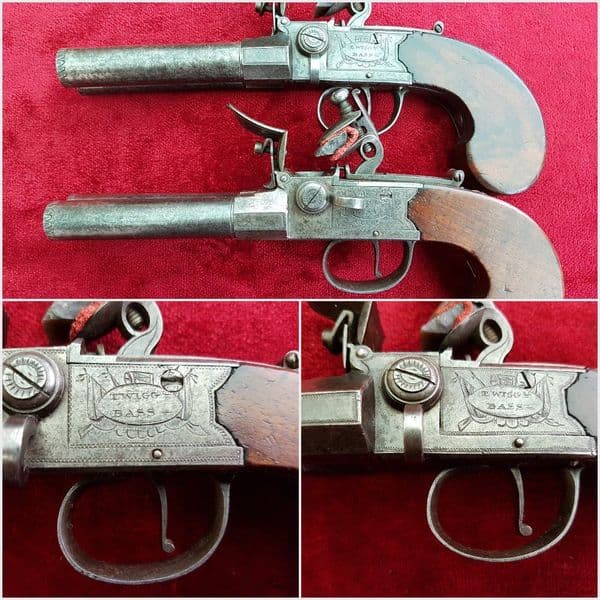 A fine cased pair of double barrel flintlock pistols by TWIGG & Bass. C .1790. FOR SALE. Ref 9816